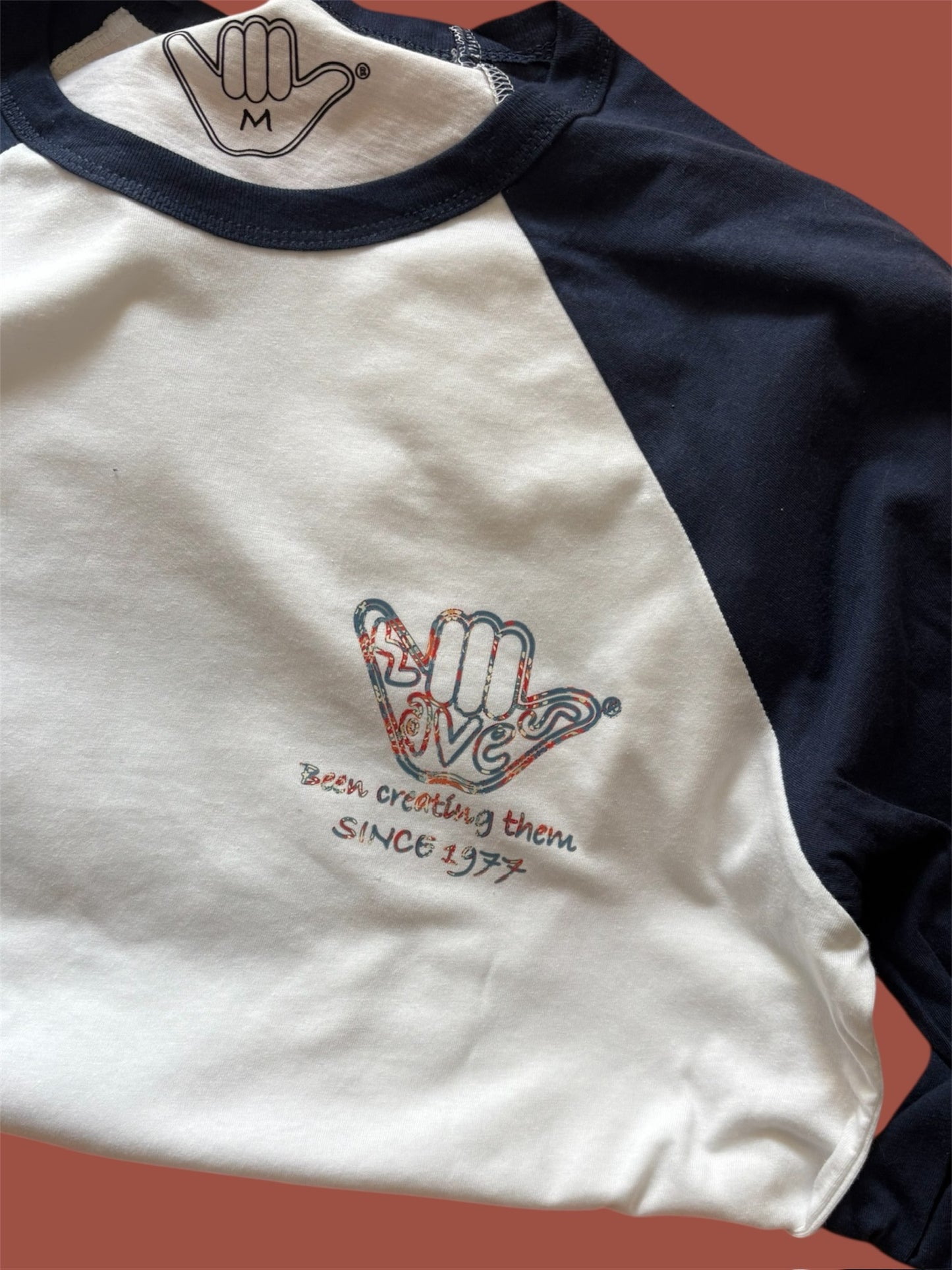 Men’s Raglan 3/4 Paisley Shaka Tee White and Navy
