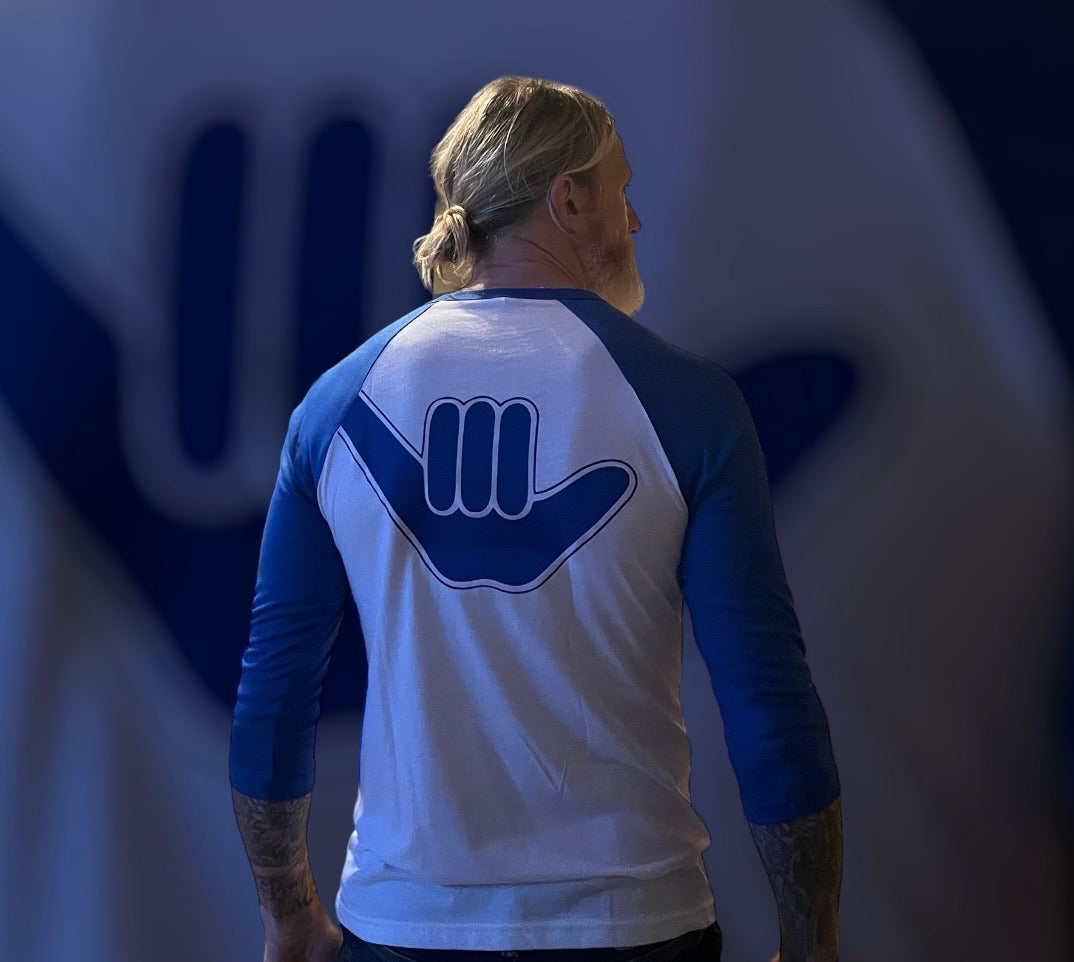 Men’s Raglan 3/4 Shaka Tee White & Royal Blue
