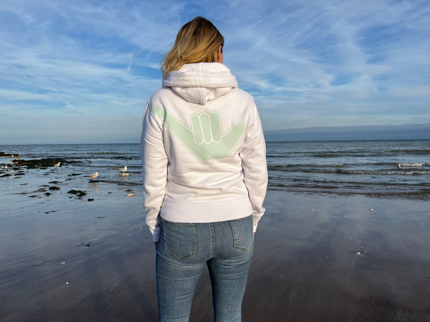 Women’s zip up Organic Shaka Hoodie white & Mint