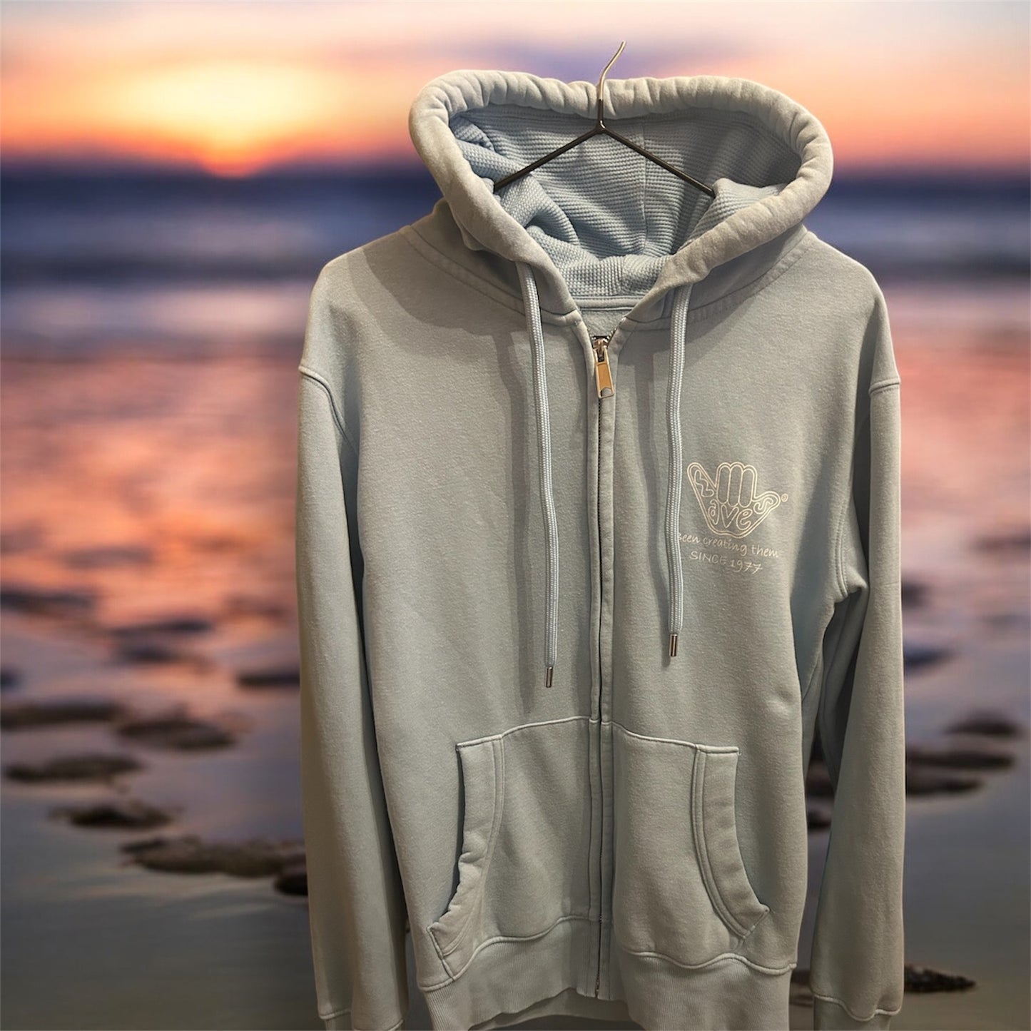 Women’s zip up Organic Shaka Hoodie Baby Blue & White