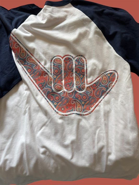 Men’s Raglan 3/4 Paisley Shaka Tee White and Navy