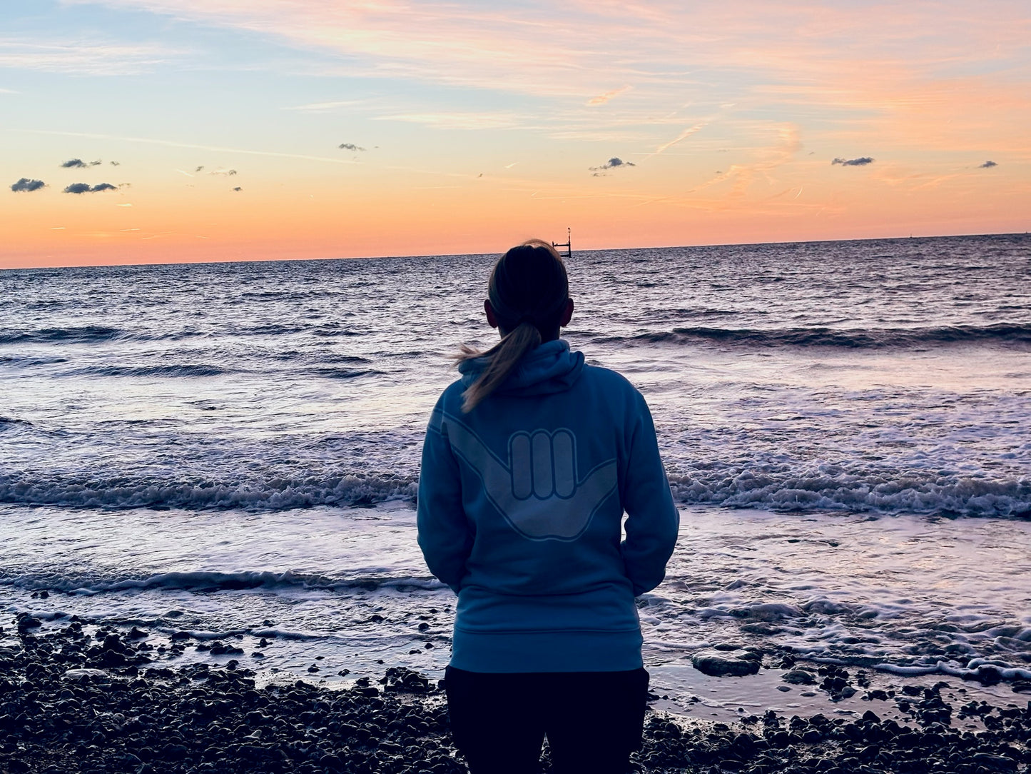Women’s zip up Organic Shaka Hoodie Baby Blue & White