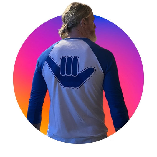 Men’s Raglan 3/4 Shaka Tee White & Royal Blue